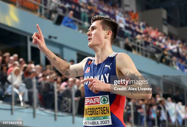 Jakub Ingebrigtsen of Norway celebrates after winning the Men's 3000m Final during Day 3 of the European Athletics Indoor Championships at the Atakoy...