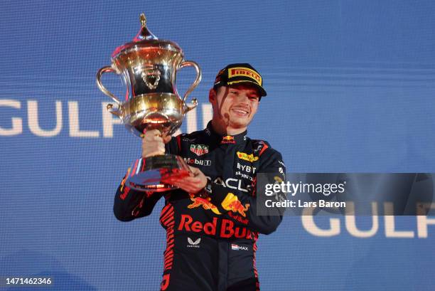 Race winner Max Verstappen of the Netherlands and Oracle Red Bull Racing celebrates on the podium during the F1 Grand Prix of Bahrain at Bahrain...