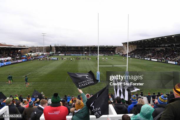 Fans wave their flags in the North stand prior to the Gallagher Premiership Rugby match between Newcastle Falcons and London Irish at Kingston Park...