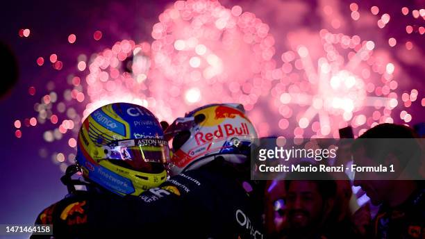 Race winner Max Verstappen of the Netherlands and Oracle Red Bull Racing celebrates in parc ferme during the F1 Grand Prix of Bahrain at Bahrain...