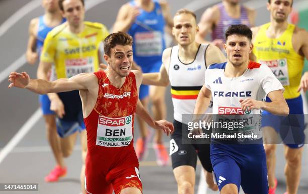 Adrian Ben of Spain crosses the line ahead of Benajim Robert of France to win the Men's 800m Final during Day 3 of the European Athletics Indoor...