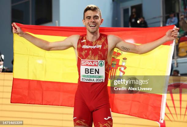 Gold Medallist Adrian Ben of Spain pose following the Men's 800m Final during Day 3 of the European Athletics Indoor Championships at the Atakoy...