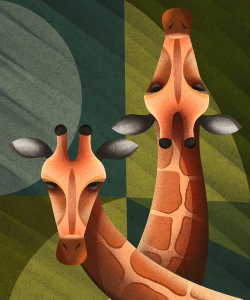 curious giraffes - zoo art stock illustrations