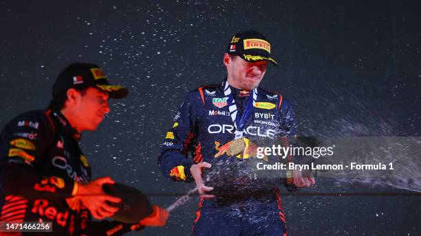 Race winner Max Verstappen of the Netherlands and Oracle Red Bull Racing and Second placed Sergio Perez of Mexico and Oracle Red Bull Racing...