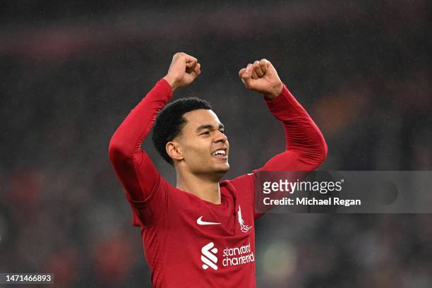 Cody Gakpo of Liverpool celebrates after scoring the team's third goal during the Premier League match between Liverpool FC and Manchester United at...