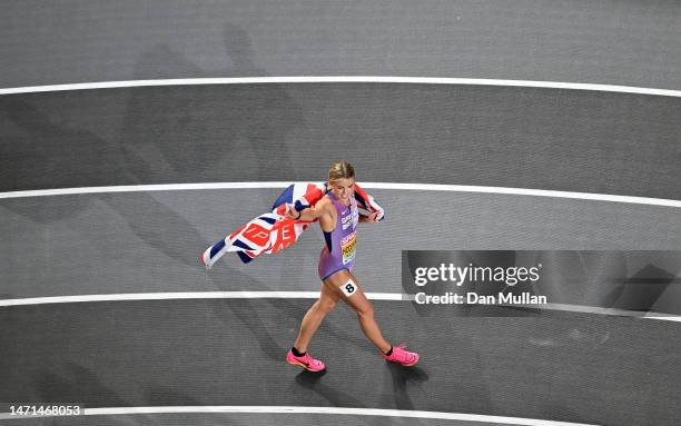 Keely Hodgkinson of Great Britain celebrates after winning the Women's 800m Final during Day 3 of the European Athletics Indoor Championships at the...