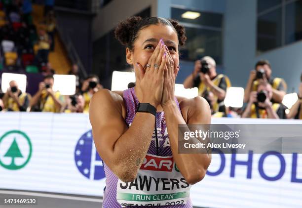 Jazmin Sawyers of Great Britain reacts after jumping 7m during the Women's Long Jump Final during Day 3 of the European Athletics Indoor...