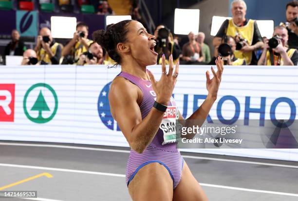 Jazmin Sawyers of Great Britain reacts after jumping 7m during the Women's Long Jump Final during Day 3 of the European Athletics Indoor...