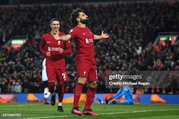 Mohamed Salah of Liverpool celebrates after scoring the team's fourth goal during the Premier League match between Liverpool FC and Manchester United...