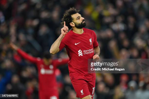 Mohamed Salah of Liverpool celebrates after scoring the team's fourth goal during the Premier League match between Liverpool FC and Manchester United...