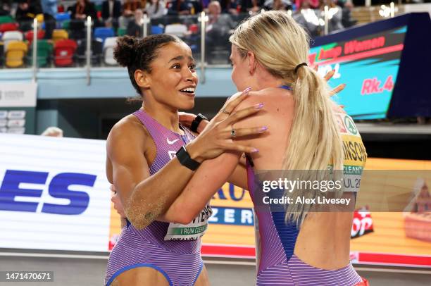 Jazmin Sawyers of Great Britain celebrates after winning the Women's Long Jump Final alongside Keely Hodgkinson of Great Britain during Day 3 of the...