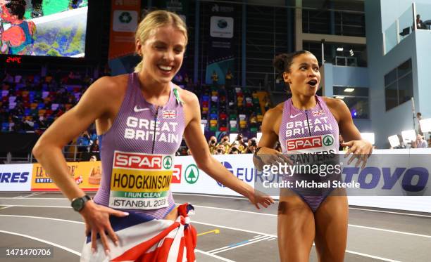 Jazmin Sawyers of Great Britain celebrates after winning the Women's Long Jump Final alongside Keely Hodgkinson of Great Britain during Day 3 of the...