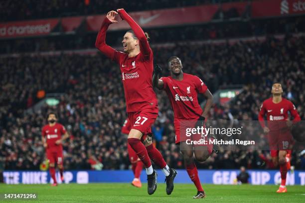 Darwin Nunez of Liverpool celebrates after scoring the team's fifth goal with teammates during the Premier League match between Liverpool FC and...