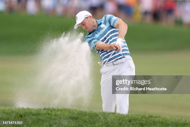 Jordan Spieth of the United States plays a shot from a bunker on the first hole during the final round of the Arnold Palmer Invitational presented by...