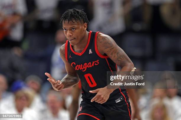 Marcus Sasser of the Houston Cougars reacts during the first half against the Memphis Tigers at FedExForum on March 05, 2023 in Memphis, Tennessee.