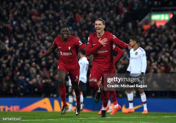 Darwin Nunez of Liverpool celebrates after scoring the team's fifth goal with teammates during the Premier League match between Liverpool FC and...