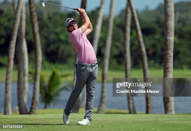 Nico Echavarria of Columbia hits his first shot on the 3rd hole during the final round of the Puerto Rico Open at Grand Reserve Golf Club on March...