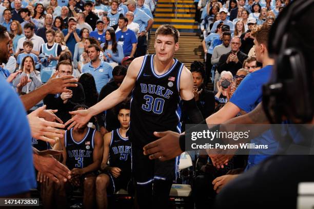 Duke Blue Devils center Kyle Filipowski enters during introduction bfore a game against the North Carolina Tar Heels on March 04, 2023 at the Dean...