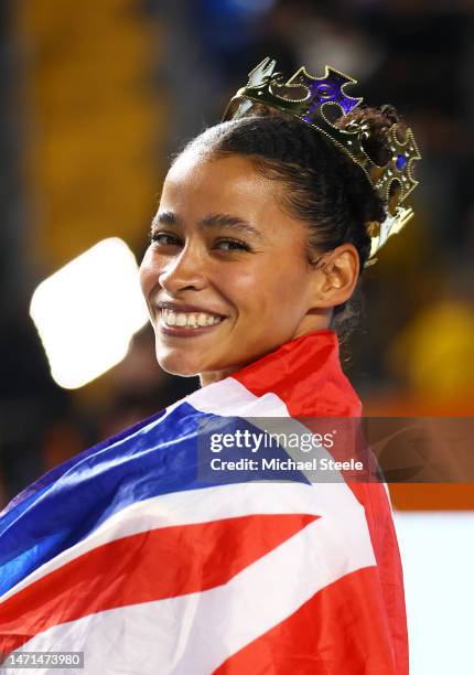 Jazmin Sawyers of Great Britain celebrates after winning the Women's Long Jump Final during Day 3 of the European Athletics Indoor Championships at...