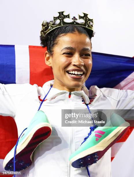 Jazmin Sawyers of Great Britain celebrates after winning the Women's Long Jump Final during Day 3 of the European Athletics Indoor Championships at...