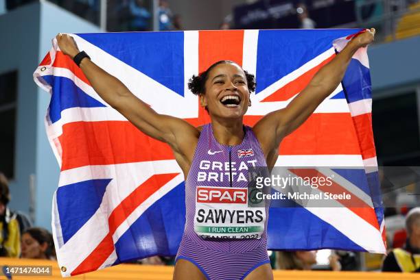 Jazmin Sawyers of Great Britain celebrates after winning the Women's Long Jump Final during Day 3 of the European Athletics Indoor Championships at...