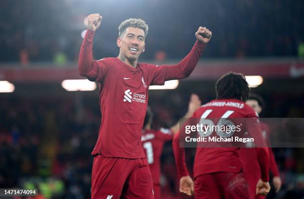 Roberto Firmino of Liverpool celebrates after scoring the team's seventh goal during the Premier League match between Liverpool FC and Manchester...