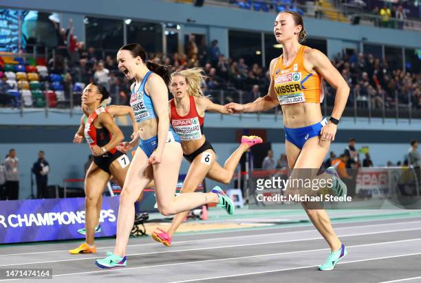 Reetta Hurske of Finland celebrates after winning the Women's 60m Hurdles Final during Day 3 of the European Athletics Indoor Championships at the...
