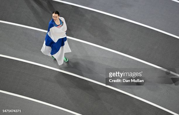 Reetta Hurske of Finland celebrates after winning the Women's 60m Hurdles Final during Day 3 of the European Athletics Indoor Championships at the...