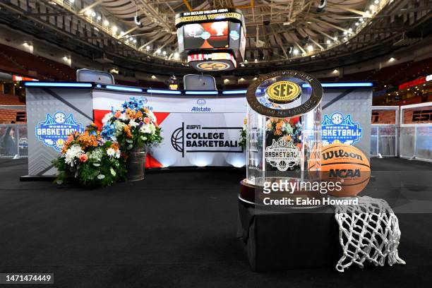 The SEC trophy is seen before the championship game of the SEC Women's Basketball Tournament between the South Carolina Gamecocks and Tennessee Lady...