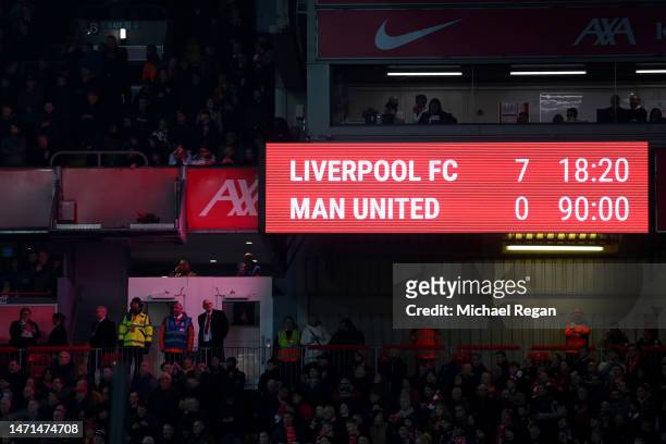General view as the LED board shows the final score-line of Liverpool 7 - 0 Manchester United during the Premier League match between Liverpool FC...