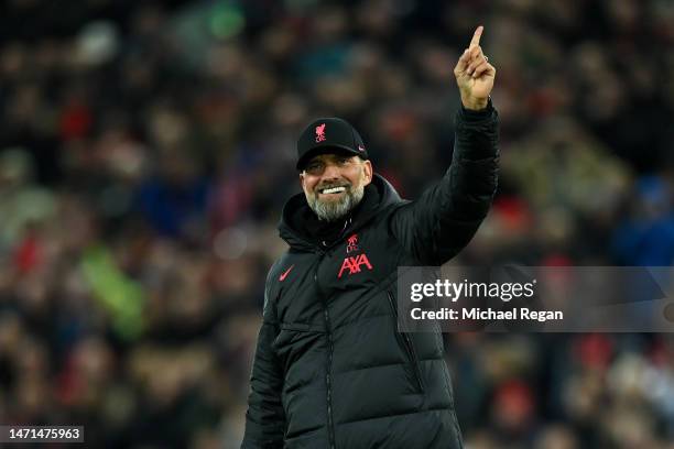 Juergen Klopp, Manager of Liverpool, celebrates after their side's victory during the Premier League match between Liverpool FC and Manchester United...