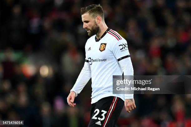 Luke Shaw of Manchester United looks dejected after their side's defeat during the Premier League match between Liverpool FC and Manchester United at...