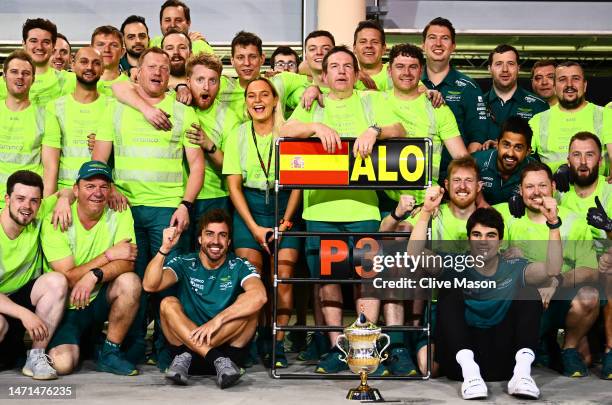 Third placed Fernando Alonso of Spain and Aston Martin F1 Team celebrates with his team after the F1 Grand Prix of Bahrain at Bahrain International...