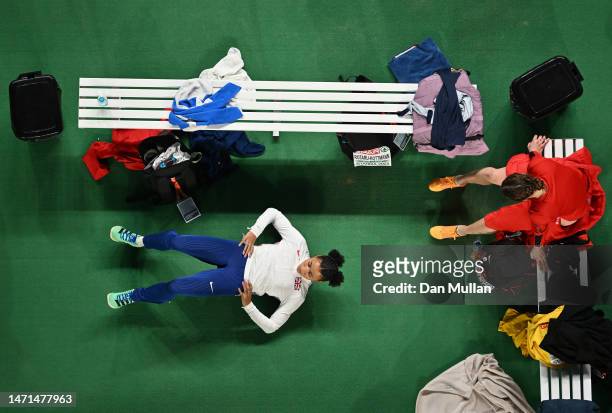 Jazmin Sawyers of Great Britain warms up ahead of the Women's Long Jump Final during Day 3 of the European Athletics Indoor Championships at the...