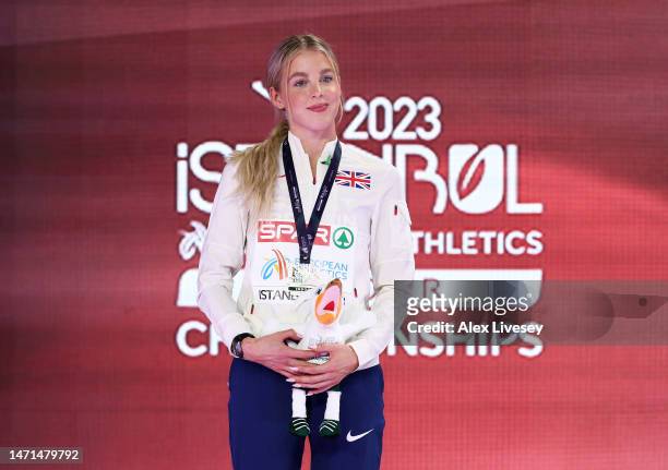 Gold Medallist Keely Hodgkinson of Great Britain pose following the Women's 800m Final during Day 3 of the European Athletics Indoor Championships at...