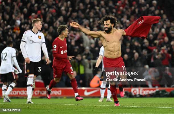 Mohamed Salah of Liverpool celebrates after scoring the sixth goal during the Premier League match between Liverpool FC and Manchester United at...