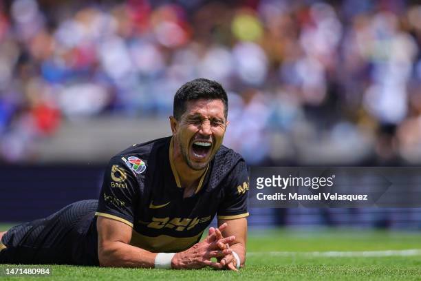 Jesús Molina of Pumas reacts during the 10th round match between Pumas UNAM and Puebla as part of the Torneo Clausura 2023 Liga MX at Olimpico...