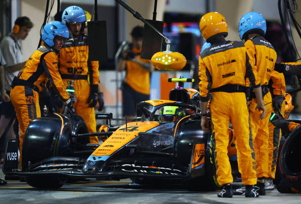 Lando Norris of Great Britain driving the McLaren MCL60 Mercedes makes a pitstop during the F1 Grand Prix of Bahrain at Bahrain International Circuit...