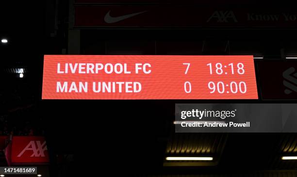 Score board at the end of during the Premier League match between Liverpool FC and Manchester United at Anfield on March 05, 2023 in Liverpool,...