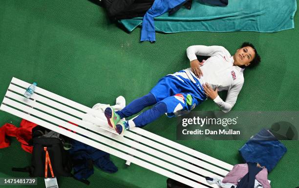 Jazmin Sawyers of Great Britain warms up ahead of the Women's Long Jump Final during Day 3 of the European Athletics Indoor Championships at the...