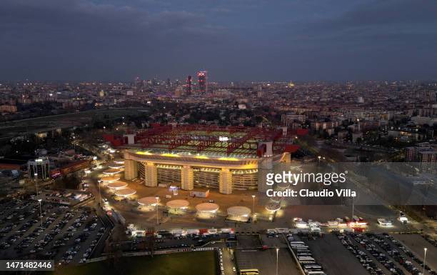 In an aerial view, the Stadio Giuseppe Meazza stands during the Serie A match between FC Internazionale and US Lecce at Stadio Giuseppe Meazza on...