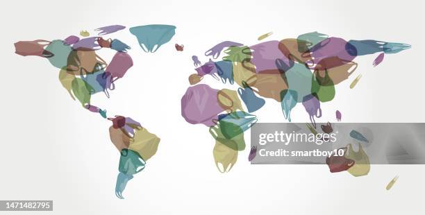 world map with plastic shopping bags - polystyrene stock illustrations