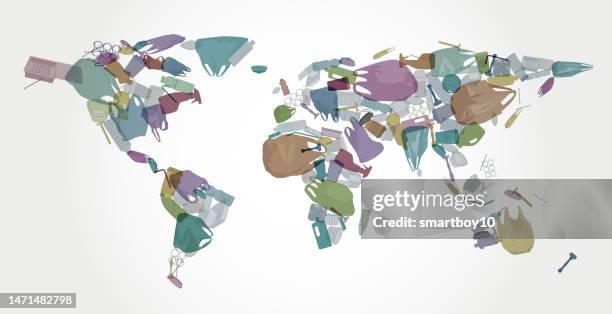 world map with plastic waste - disposable packaging stock illustrations