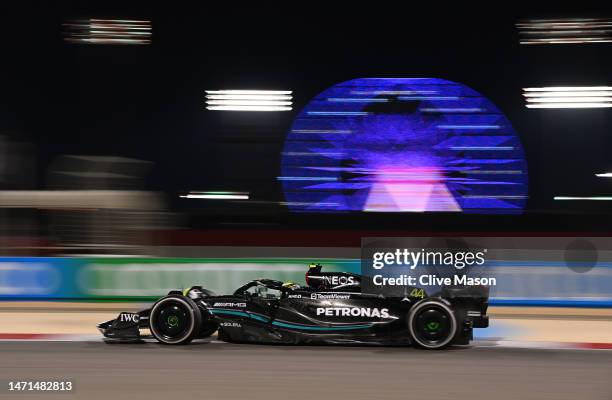 Lewis Hamilton of Great Britain driving the Mercedes AMG Petronas F1 Team W14 on track during the F1 Grand Prix of Bahrain at Bahrain International...