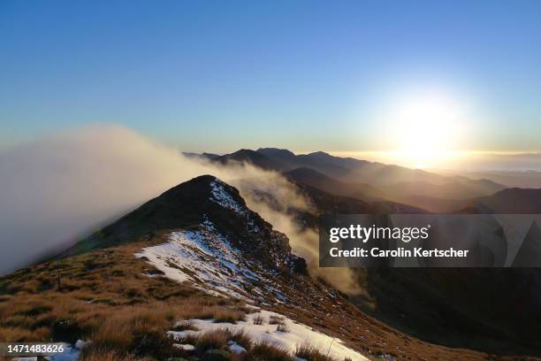 sunrise at mountain ridge of kahurangi nationalpark | new zealand - kahurangi national park stock-fotos und bilder