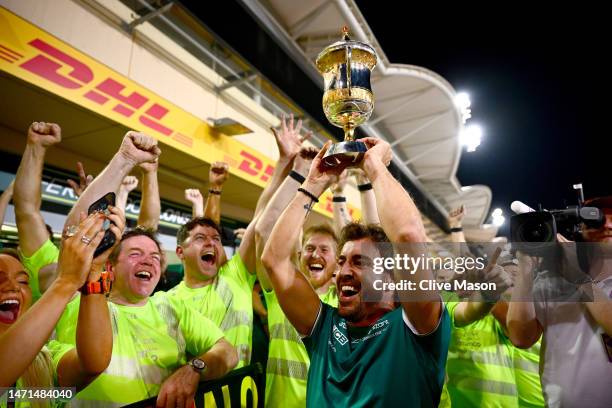 Third placed Fernando Alonso of Spain and Aston Martin F1 Team celebrates with his team after the F1 Grand Prix of Bahrain at Bahrain International...