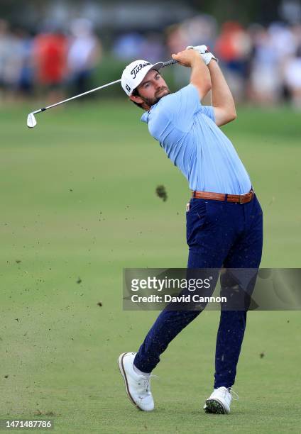 Cameron Young of The United States plays his second shot on the first hole during the final round of the Arnold Palmer Invitational presented by...