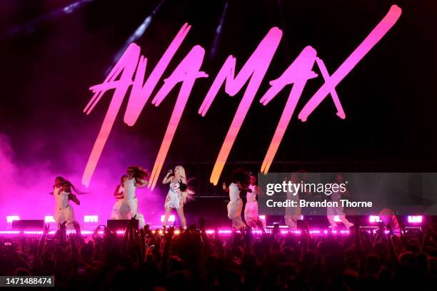 Ava Max performs during Rainbow Republic, the Sydney WorldPride closing concert on March 05, 2023 in Sydney, Australia.