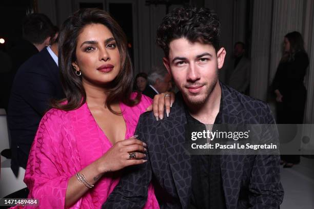 Priyanka Chopra and Nick Jonas attend the Valentino Womenswear Fall Winter 2023-2024 show as part of Paris Fashion Week on March 05, 2023 in Paris,...