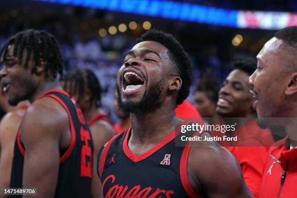 Jamal Shead of the Houston Cougars celebrates after scoring the game winning point after the game against the Memphis Tigers at FedExForum on March...